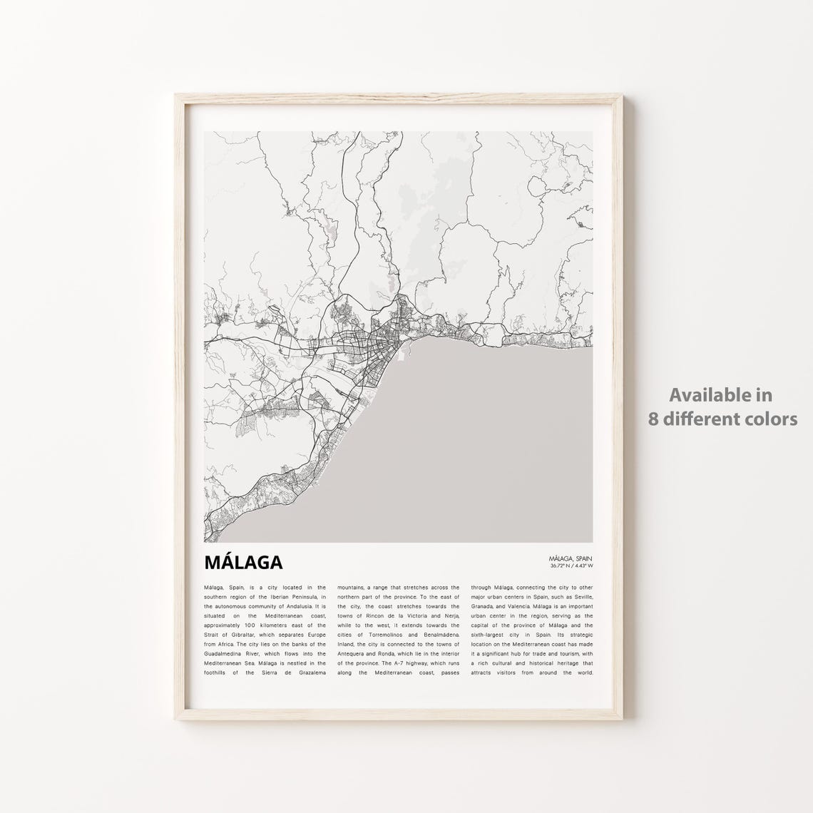 Mlaga Map Print Travel Wall Decor Art Housewarming Gift