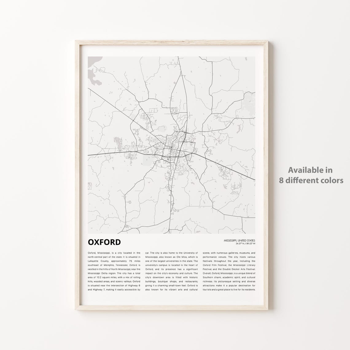 Oxford Mississippi Minimalist City Street Map College Town Travel Poster