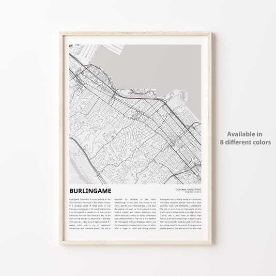 Burlingame Map Print Travel Wall Decor Art Housewarming Gift