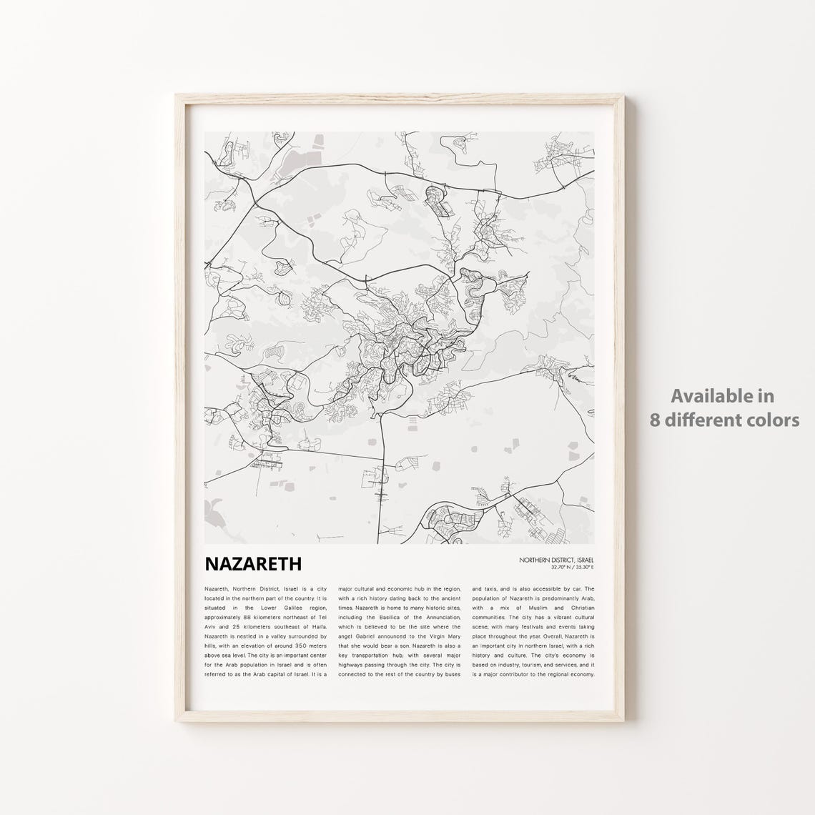 Nazareth Israel City Street Map Black And White Minimalist Poster
