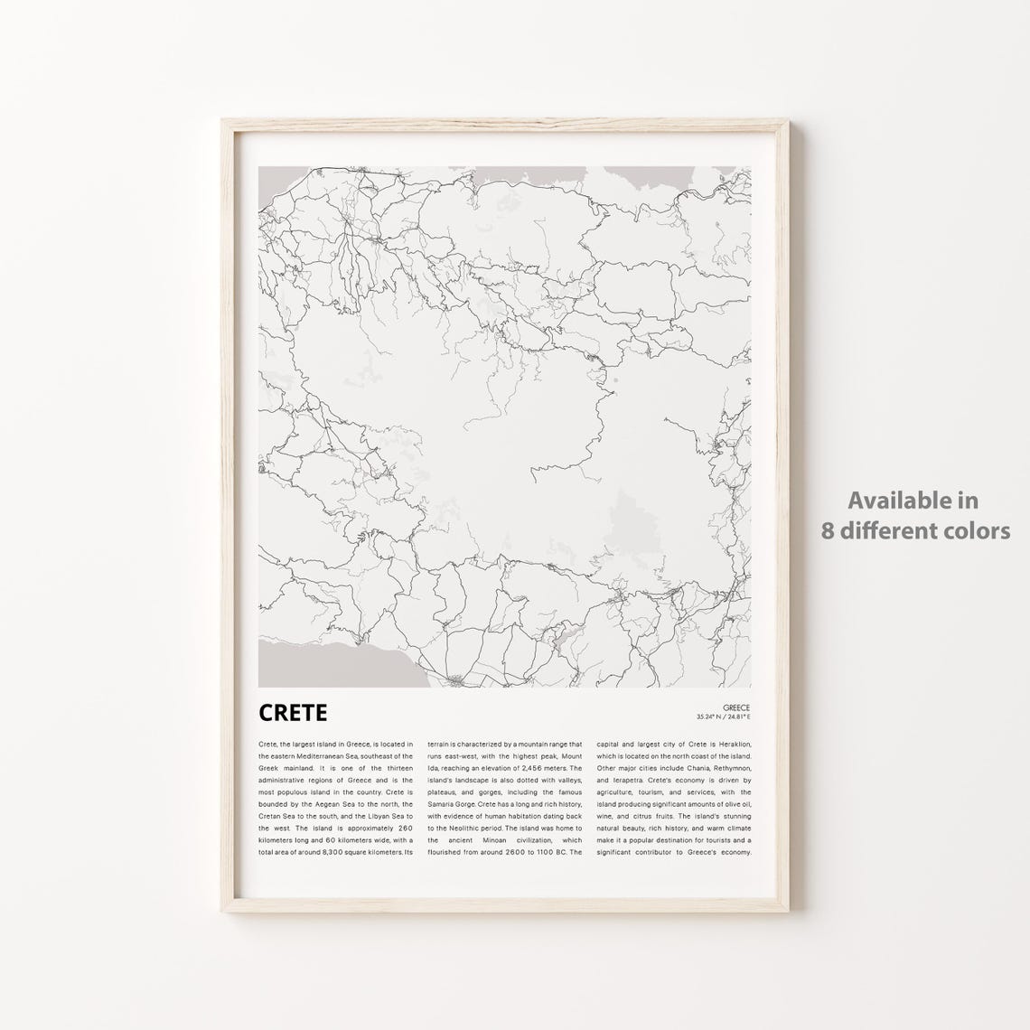Crete Greece Island Minimal Map Travel Poster White Gray Artwork