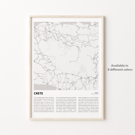 Crete Greece Island Minimal Map Travel Poster White Gray Artwork
