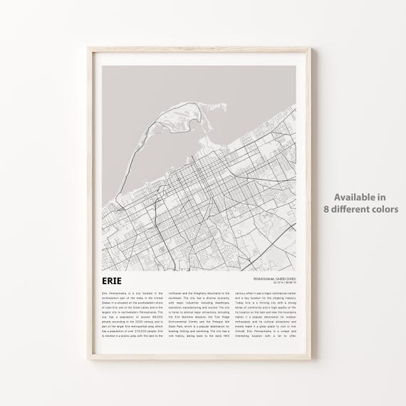 Erie Map Print Travel Wall Decor Art Pennsylvania Housewarming Gift