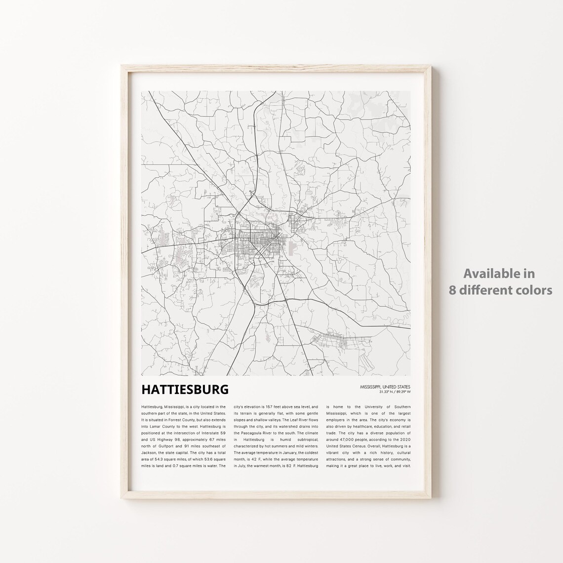 Hattiesburg Mississippi City Street Map Minimalist Travel Poster
