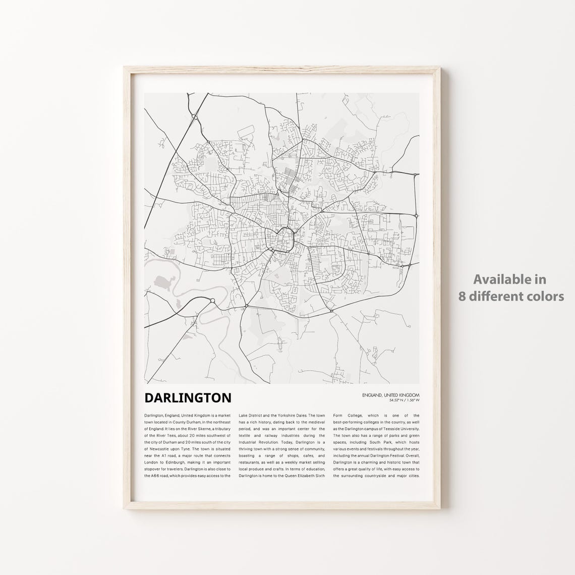 Darlington Map Print Travel Wall Decor Art England Housewarming Gift