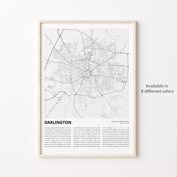 Darlington Map Print Travel Wall Decor Art England Housewarming Gift