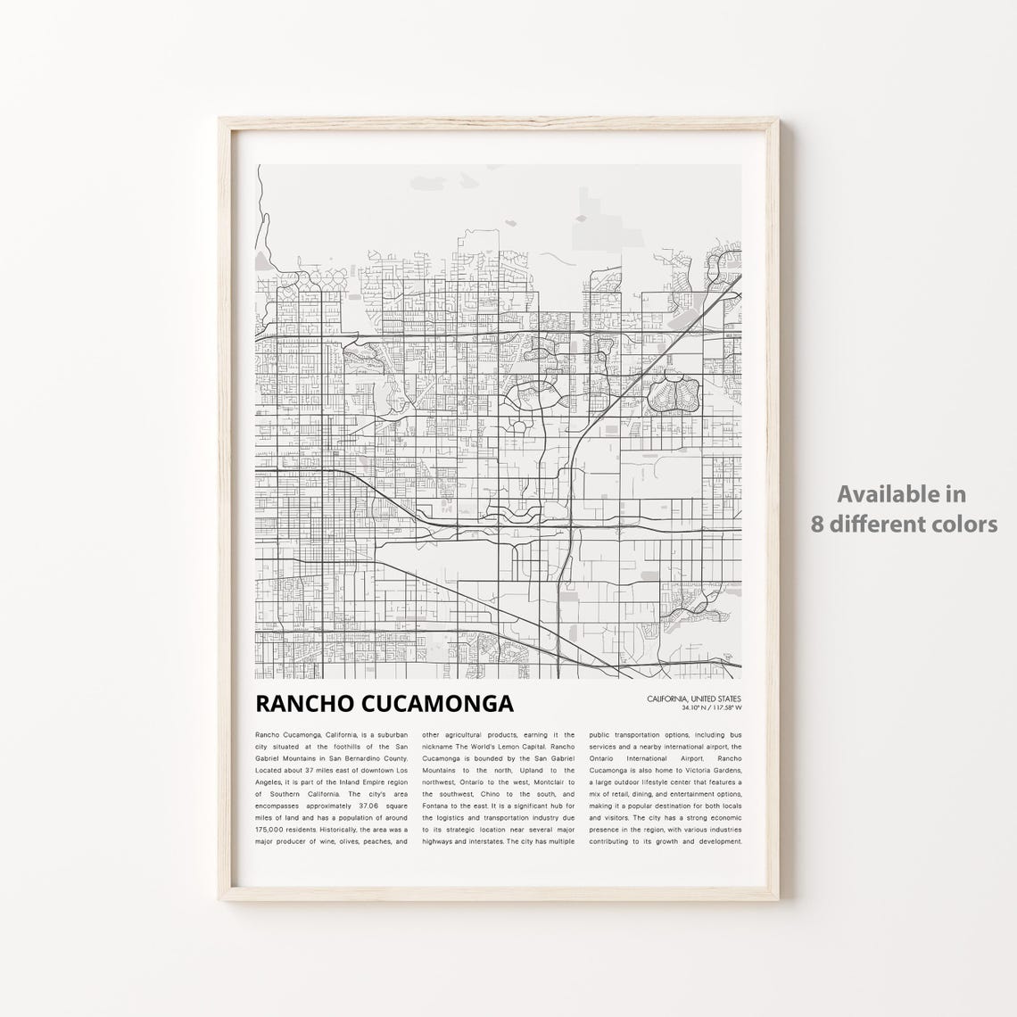 Rancho Cucamonga California City Map With History Text Poster