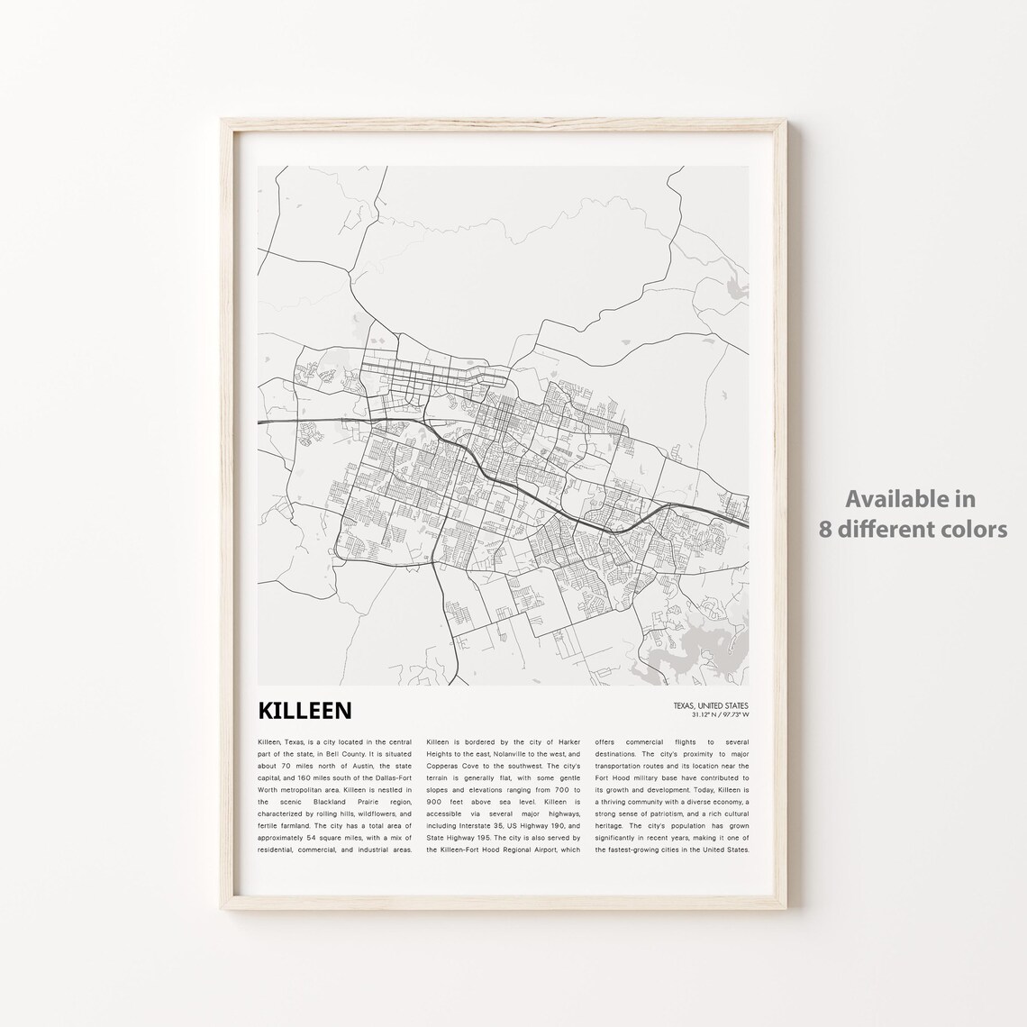 Killeen Texas Minimalist City Street Map Travel Poster Gifts