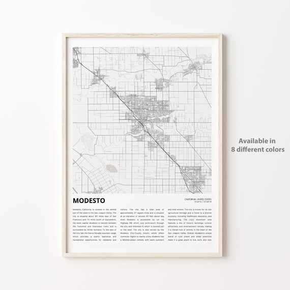 Modesto California Minimalist City Street Map Line Art Wall Print