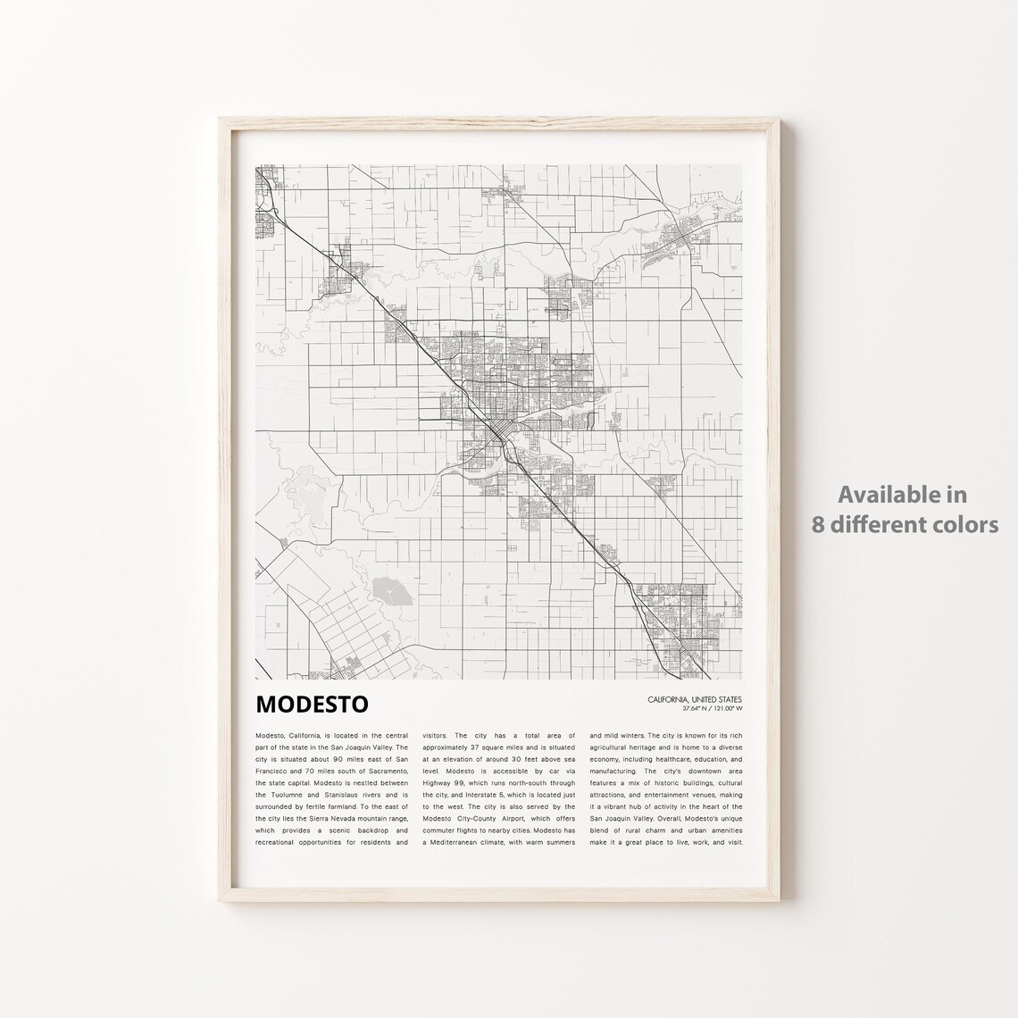 Modesto California Minimalist City Street Map Line Art Wall Print