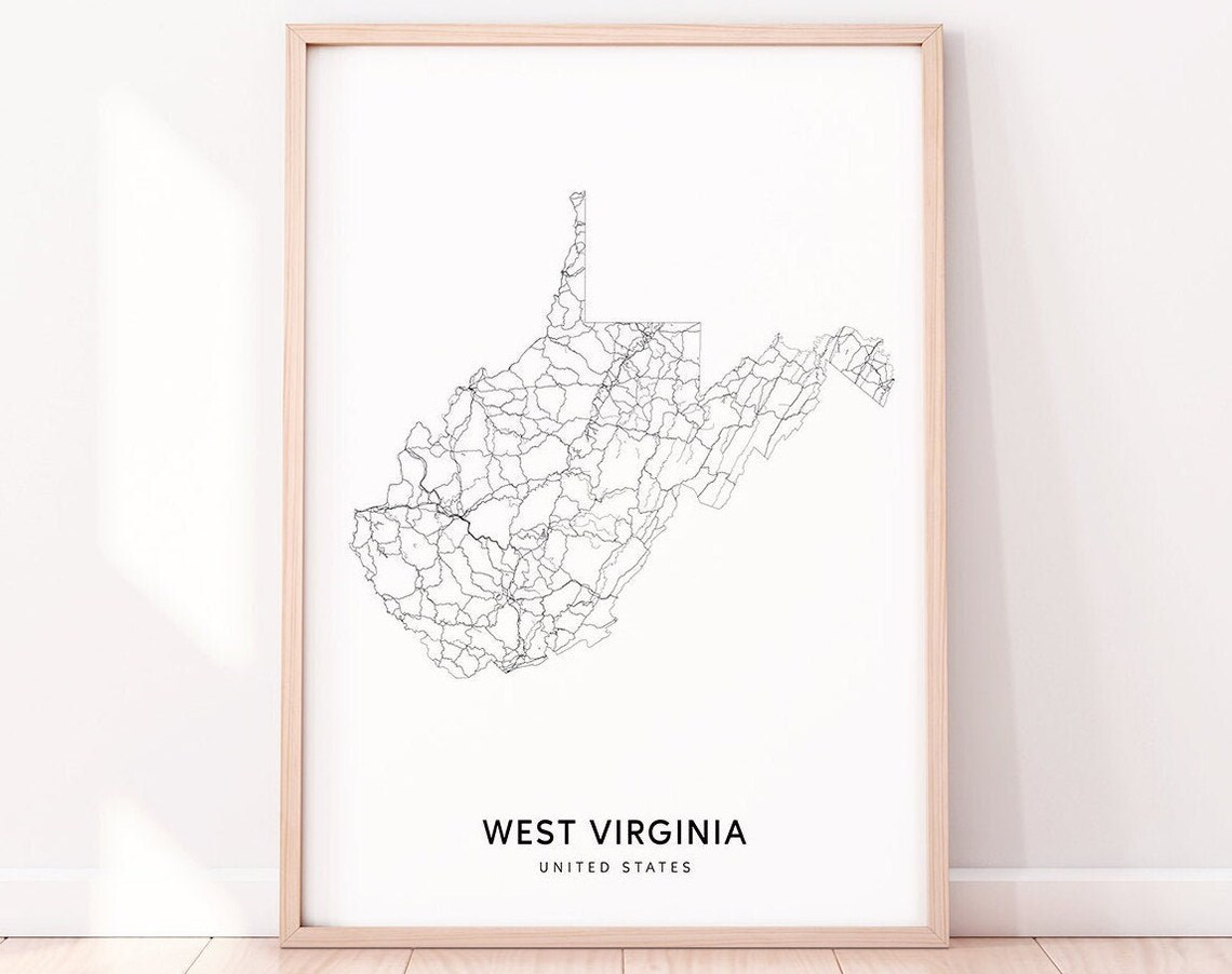 Minimalist West Virginia State Road Map Black White Line Art Poster