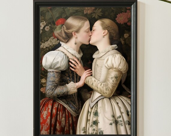 A Kiss Two Women Vintage Floral Romance Painting Love Poster