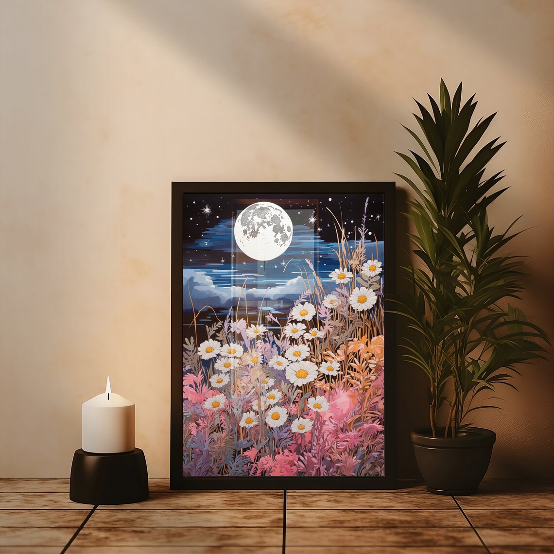 Moon And Pastel Flowers Vintage Block Print Art - Image 3