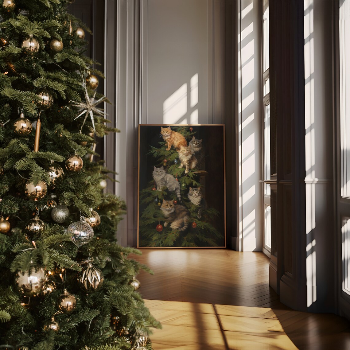Cats Climbing Christmas Tree Art Print, Festive Humor - Image 3