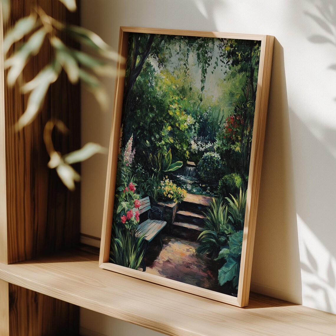 English Cottage Garden Blooming Flowers Wooden Bench Art Print - Image 3