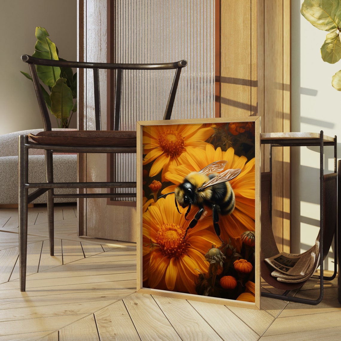 Glowing Bumblebee on Sunflower Macro Golden Floral Nature Wall Art - Image 3