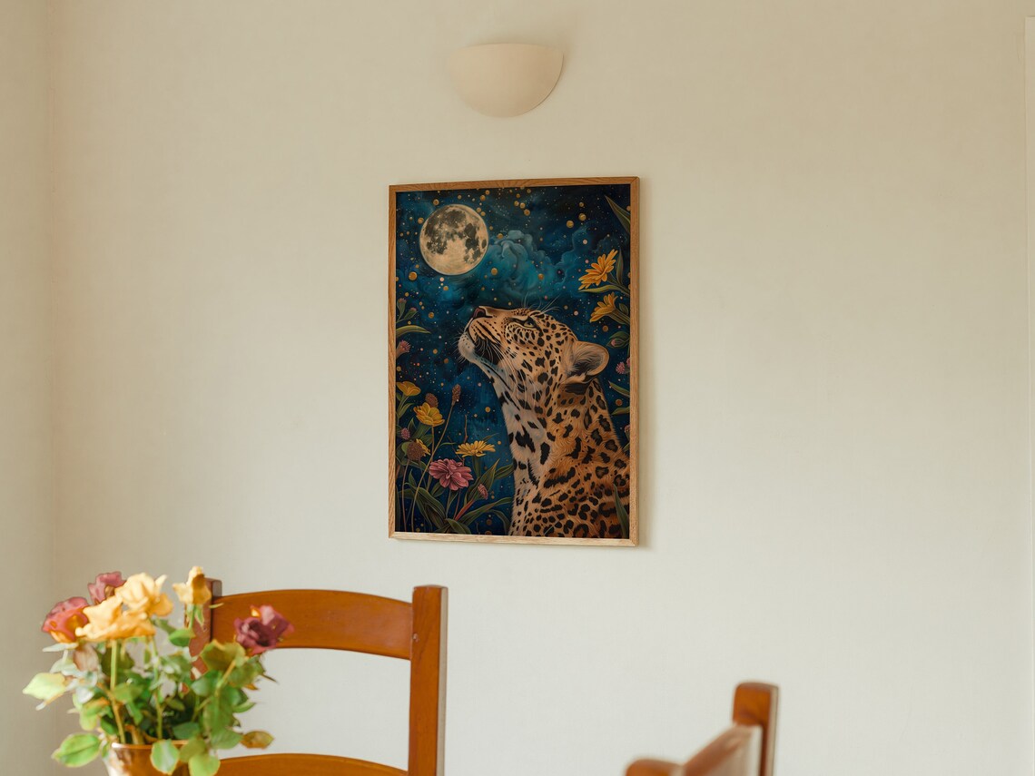 Leopard In The Wildflowers Gazing At The Full Moon Art Print - Image 3