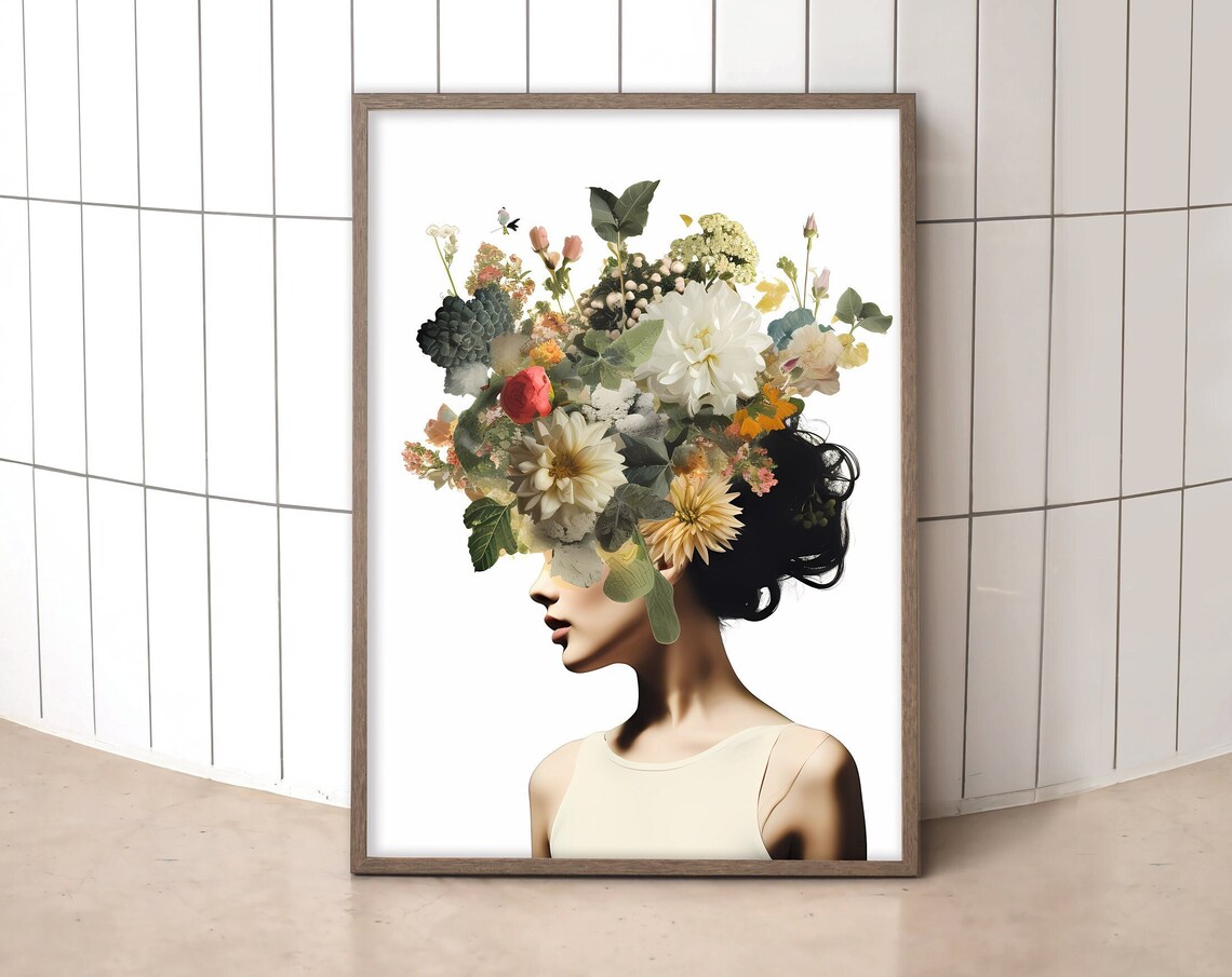 Woman Profile Floral Headdress Botanical Collage Elegant Wall Art
