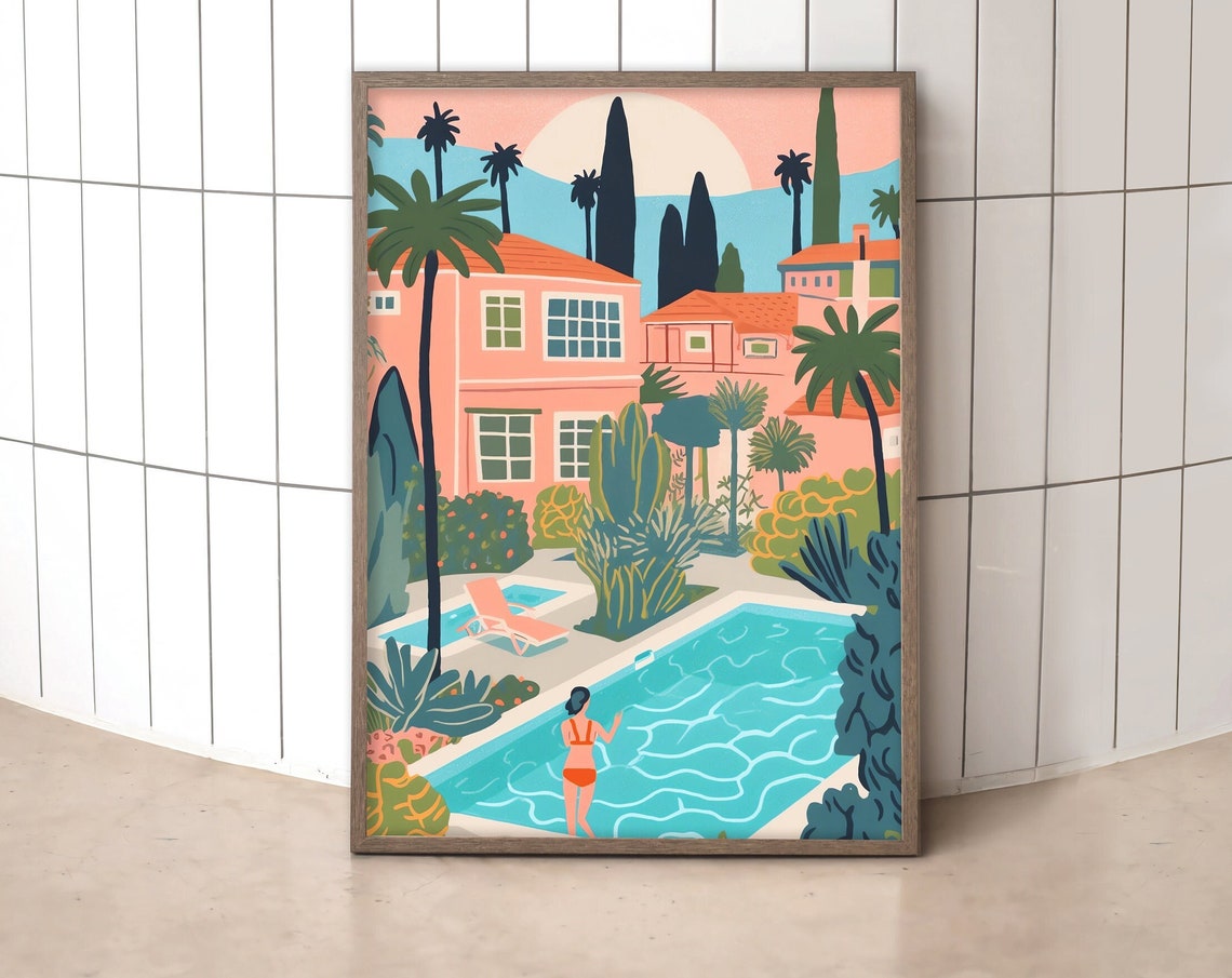 Los Feliz Midcentury Modern Poolside Art Print Palm Trees Villa Scene