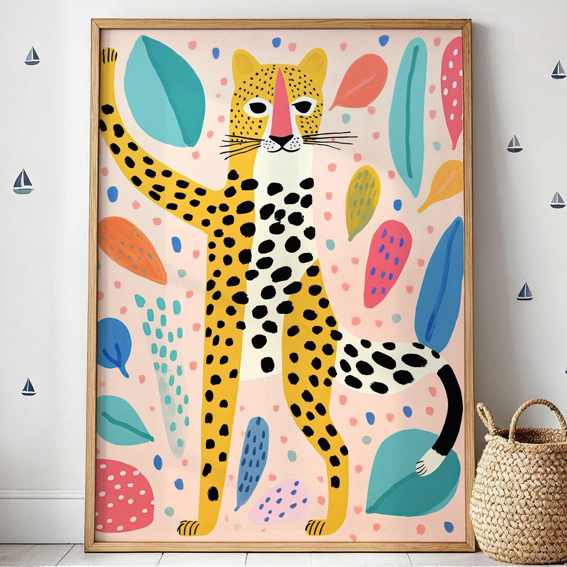 Jungle Animal Poster Playful Leopard Illustration Print On Pastel Background Whimsical Drawing Art
