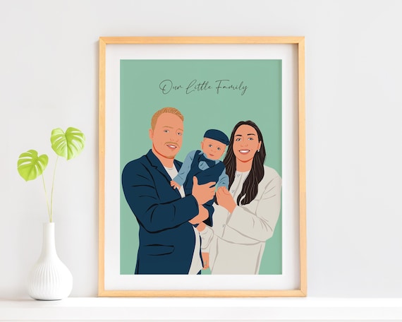 Custom Couple with Baby Faceless Family Portrait Illustration Poster