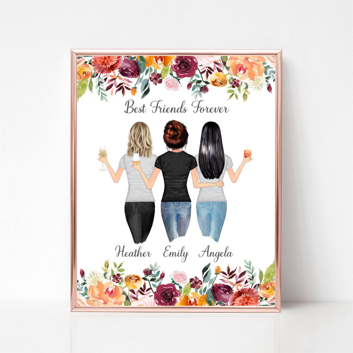 Best Friends Forever Custom Three Women Portrait Floral Poster Art
