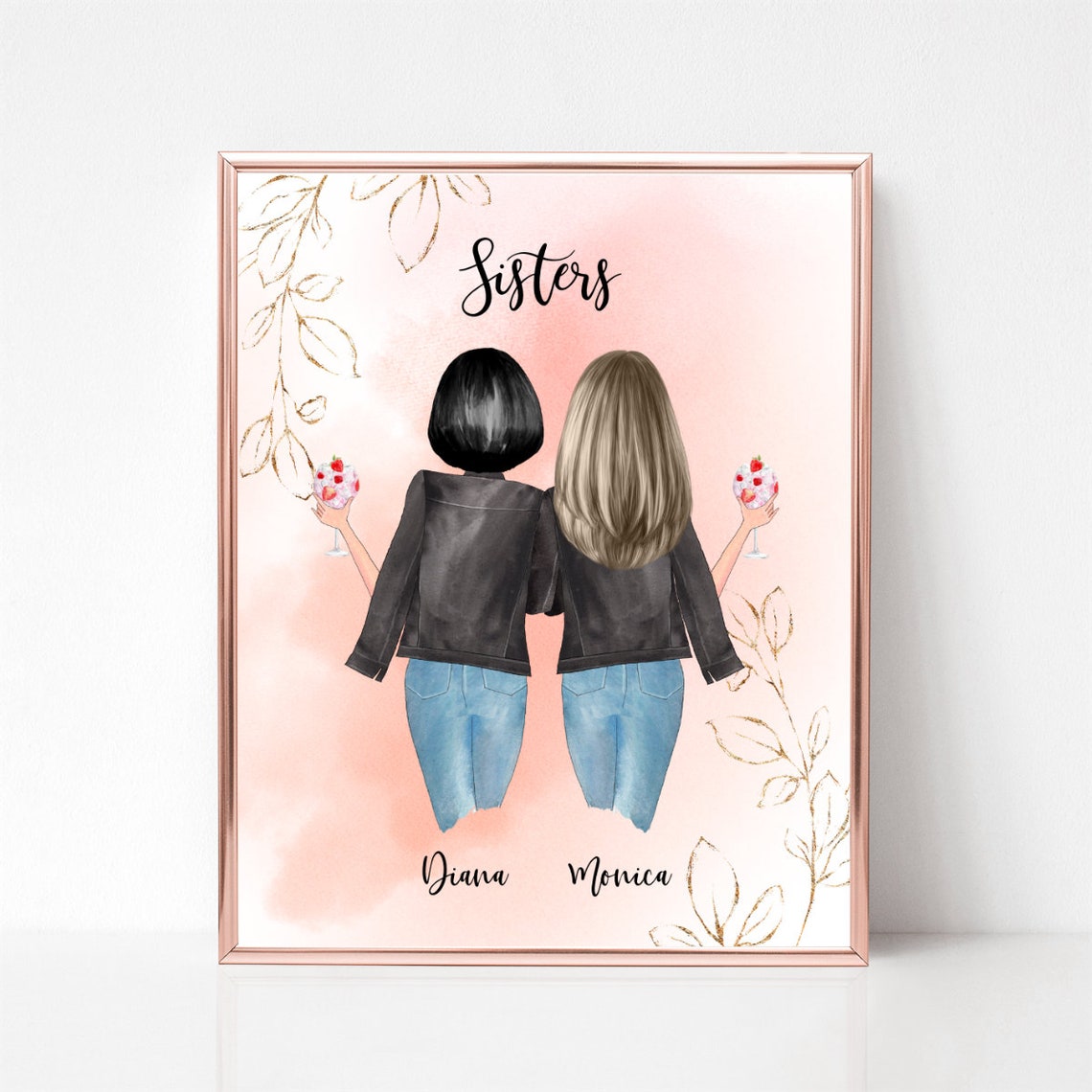 Sisters Wine Toast Leather Jacket Blush Watercolor Portrait Poster - Image 2