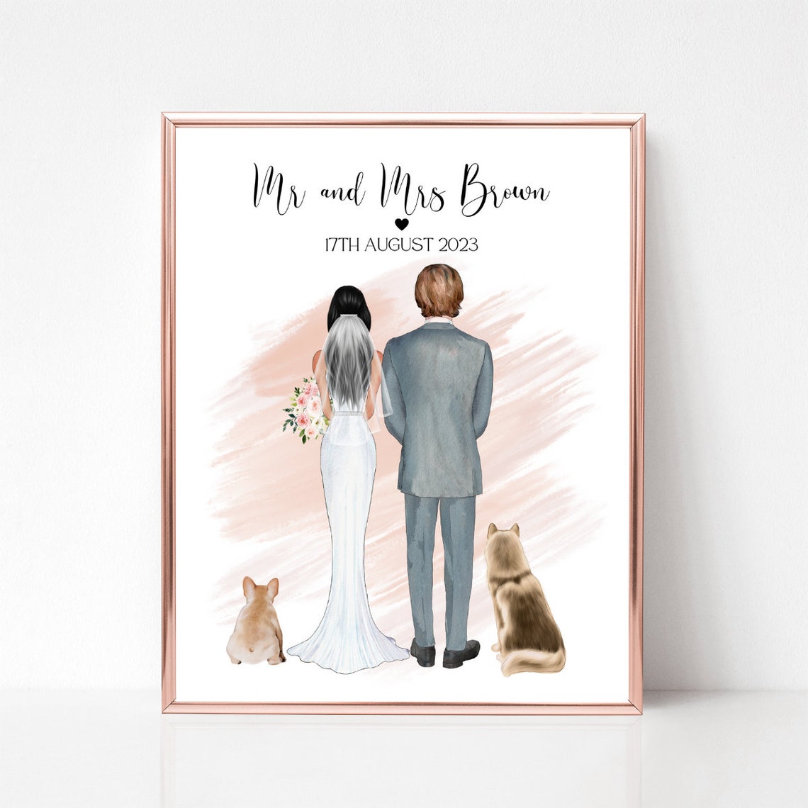 Mr and Mrs Wedding Date Couple with Two Dogs Portrait Poster