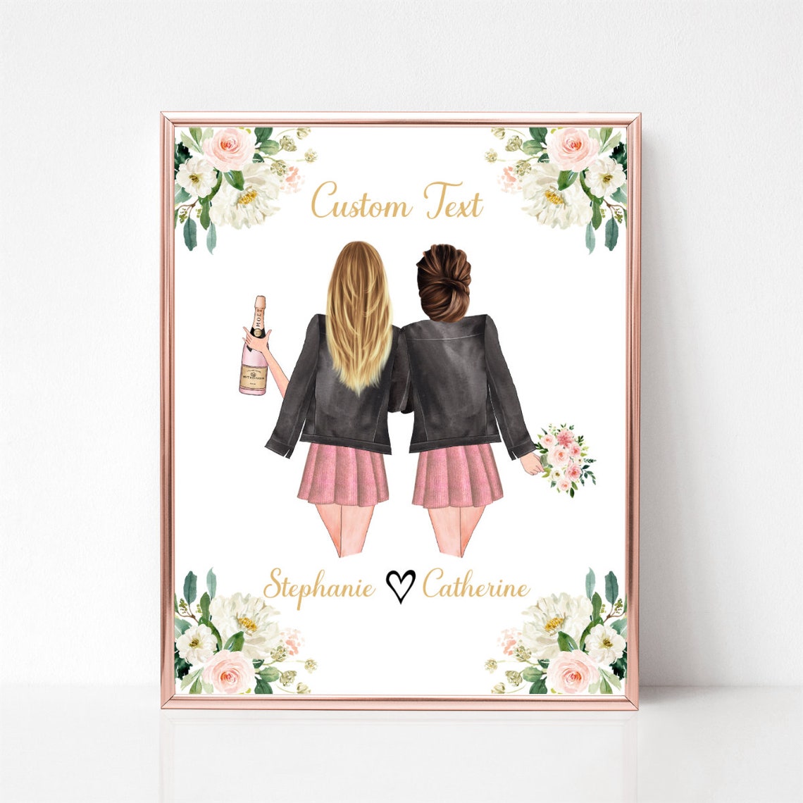 Personalized Best Friends Portrait Gift Poster with Wine and Florals - Image 3