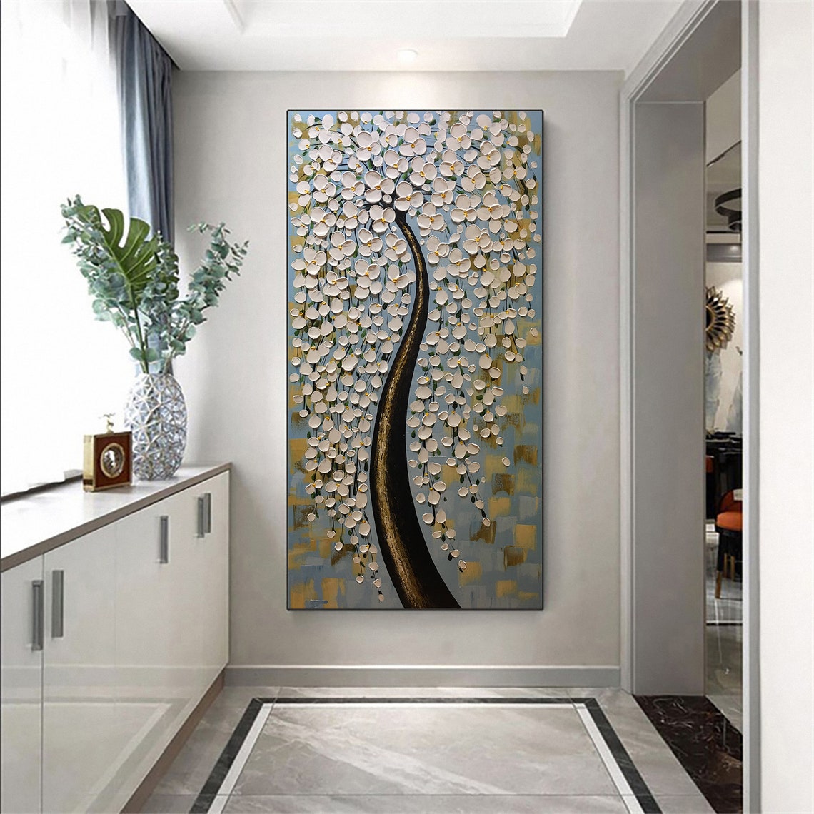 Elegant White Weeping Blossom Tree Palette Knife Romantic Art Poster - Image 4