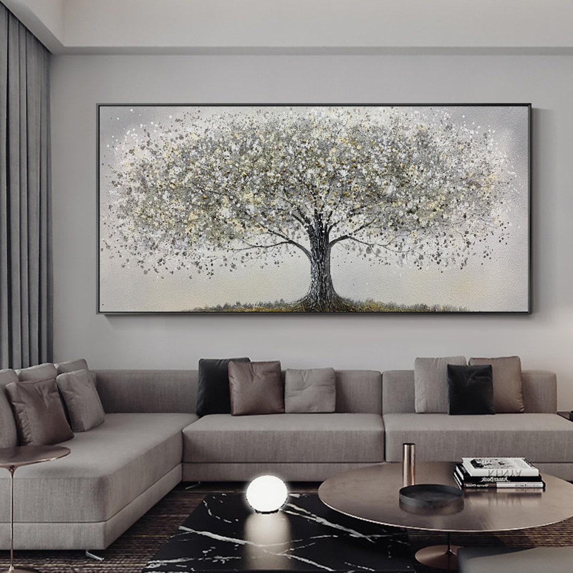 Grey Tree of Life Silver Grey Elegant Panoramic Canvas Decor Poster - Image 3