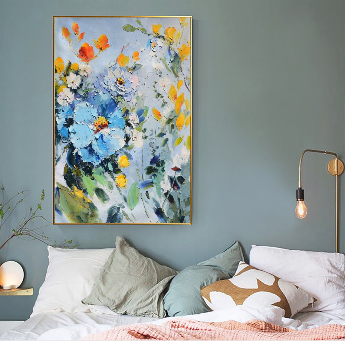 Large Abstract Blue Rose Flower Oil Painting On Art Colorful Flower Painting Art Palette Knife Art Living Room Bedroom Decor Wall Art - Image 4