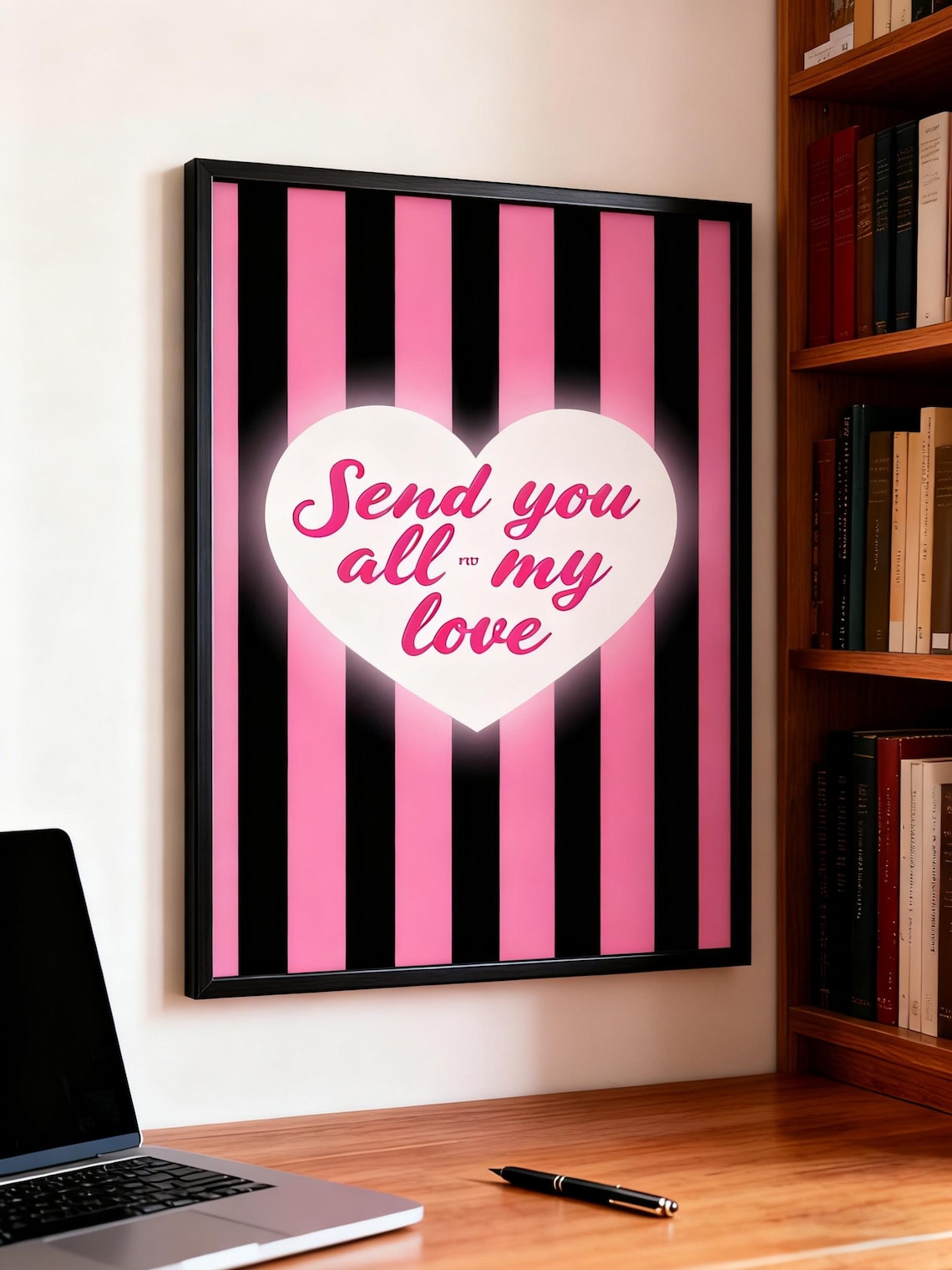 Send You All My Love Pink Heart Valentine Stripe Quote Poster