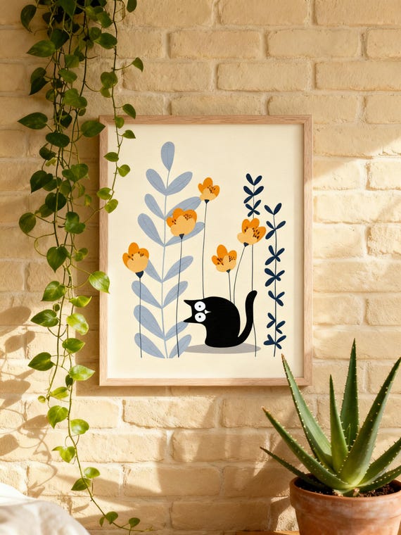 Cute Black Cat In Flower Garden Wall Art Print Minimalist Lover Poster Modern Botanical Decor Nursery Room