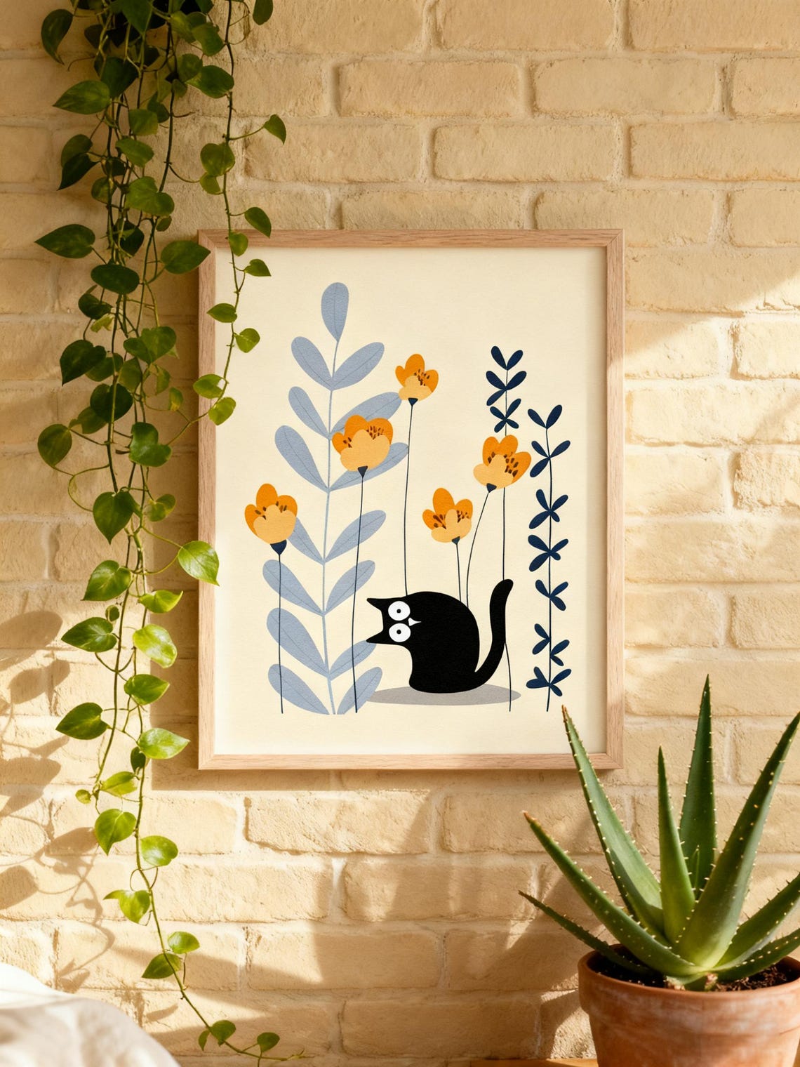 Cute Black Cat In Flower Garden Minimalist Whimsical Kitty Art Poster