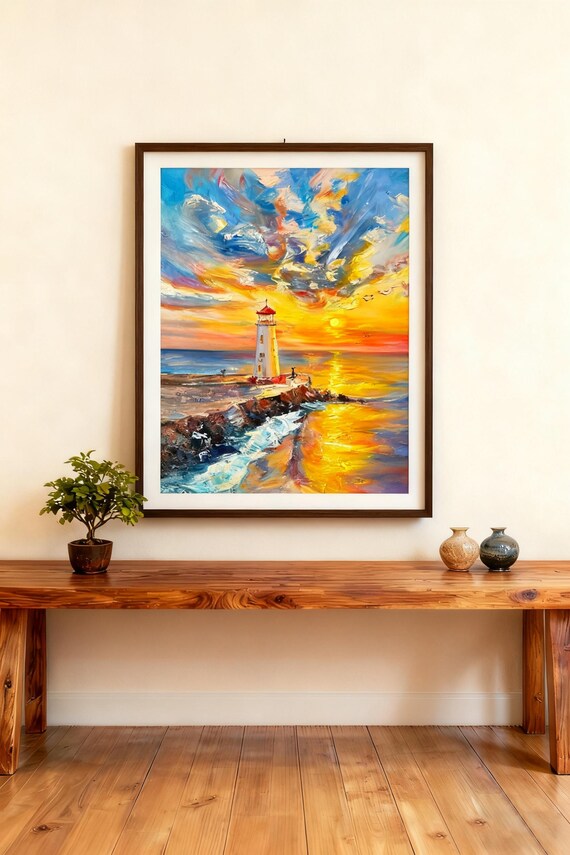 Lighthouse Sunset, Colorful Impressionist Seascape