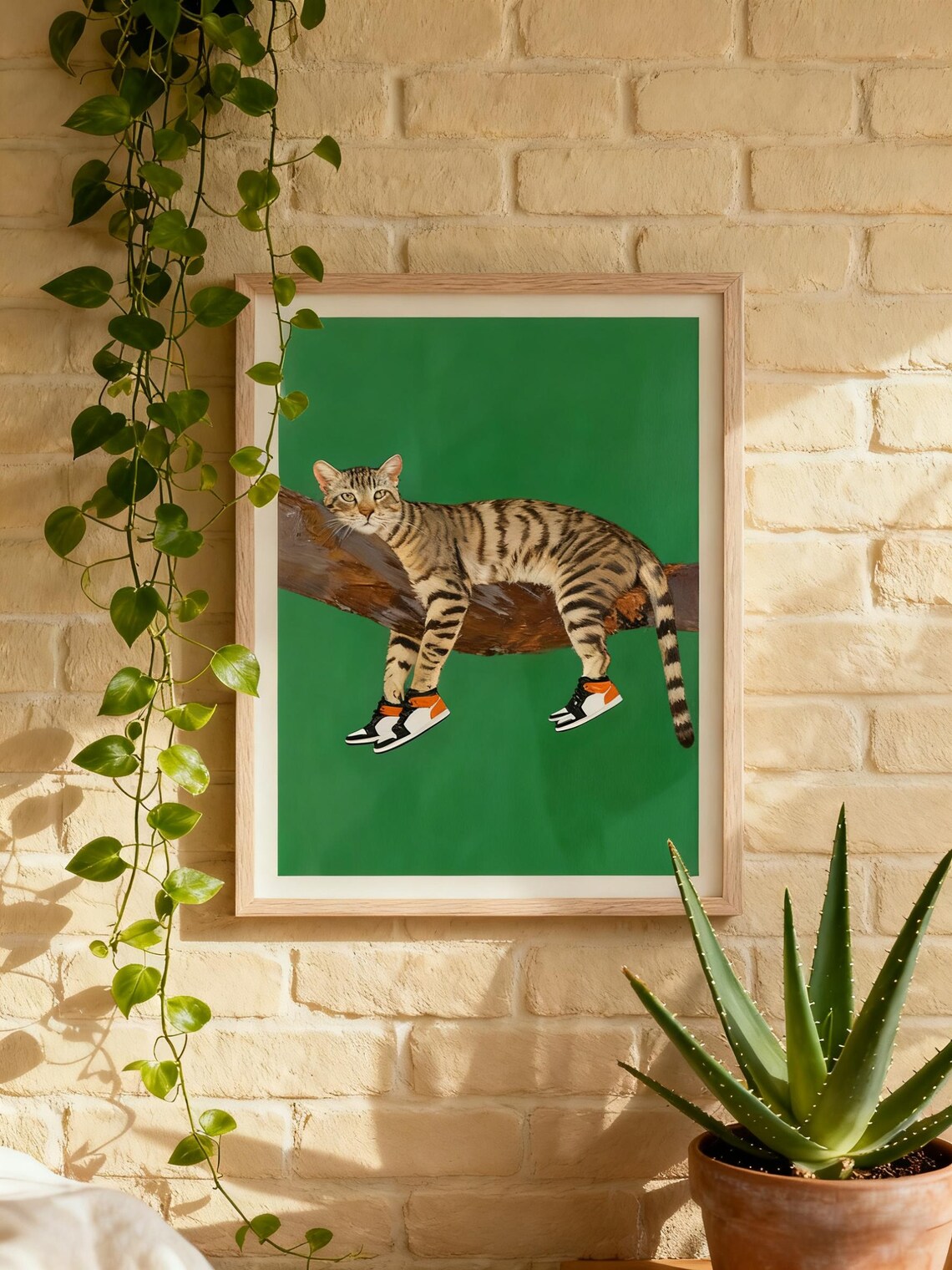 Cool Cat In Sneakers Wall Art Print Funny Animal Poster Bold Green Background Modern Pet Decor