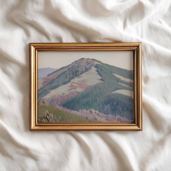 Rustic Mountain Peak Landscape Painting Soft Green Valley Poster