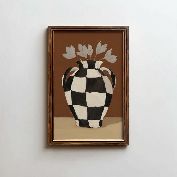 Checkered Vase Still Life Grey Flowers Modern Painting Poster