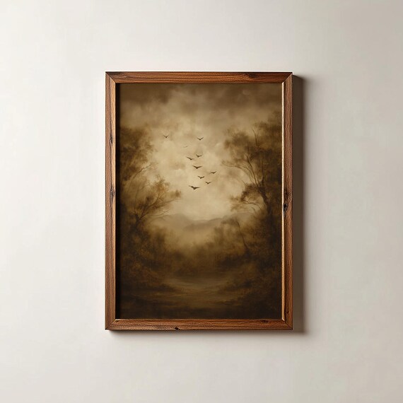 Moody Sepia Forest Landscape Birds Flying Vintage Painting Poster