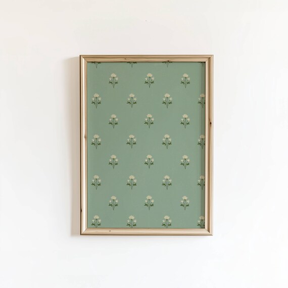 Sage Green Vintage Floral Cream Cottagecore Flower Pattern Wall Art Decor