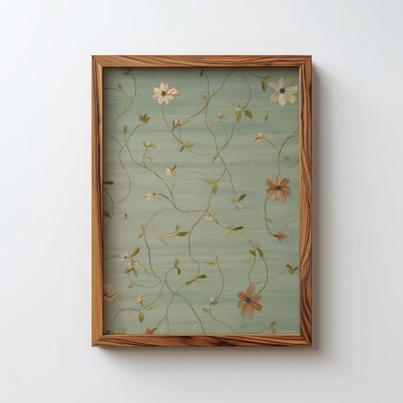 Vintage Textile Art Green Tapestry Print Cottagecore Flower Wall Digital Download
