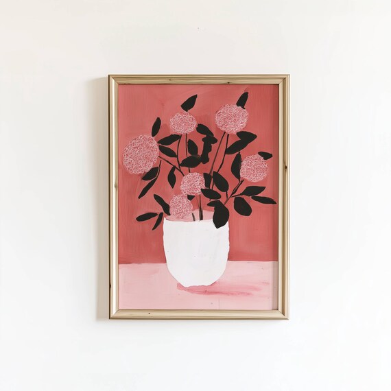 Pink Flower Bouquet White Vase Coral Background Modern Floral Poster