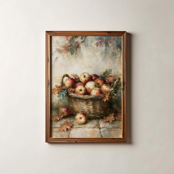 Vintage Apple Harvest Basket Still Life Painting With Fall Leaves Print