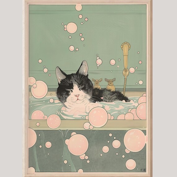 Black And White Cat Relaxing In A Bubble Bath Ukiyoe Art Poster