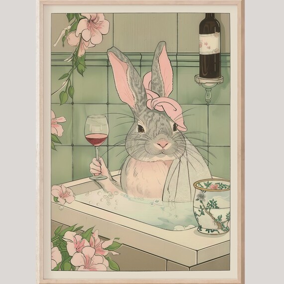 Rabbit Drinking Wine Print Bathroom Wall Art Lover Gifts Relaxing Poster Japanese Housewarming Gift Dopamine Decor Spa