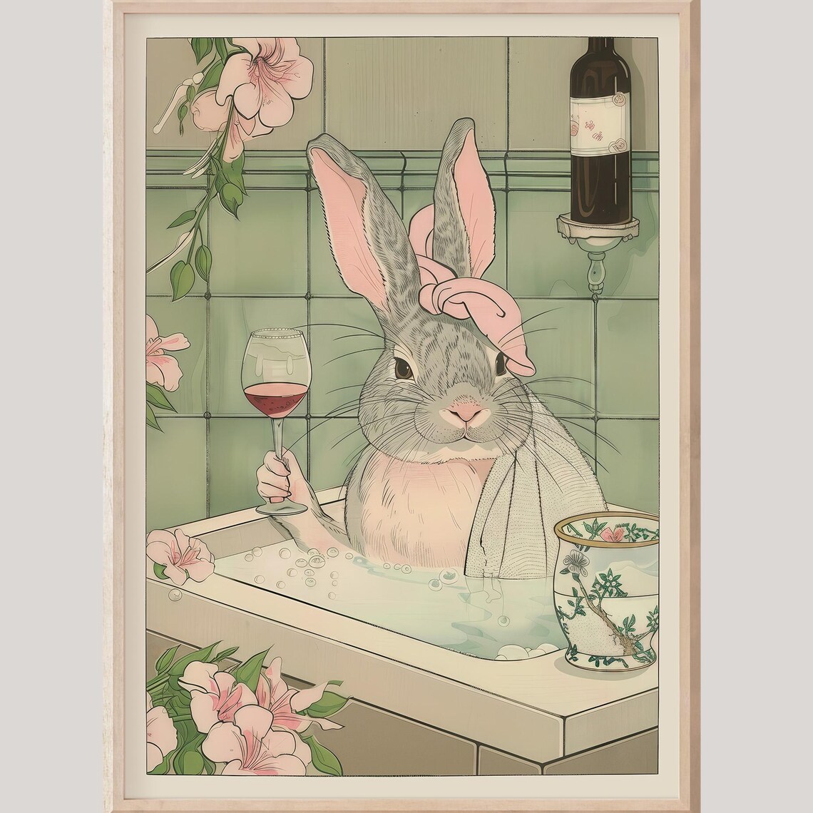 Rabbit Drinking Wine Print Bathroom Wall Art Lover Gifts Relaxing Poster Japanese Housewarming Gift Dopamine Decor Spa