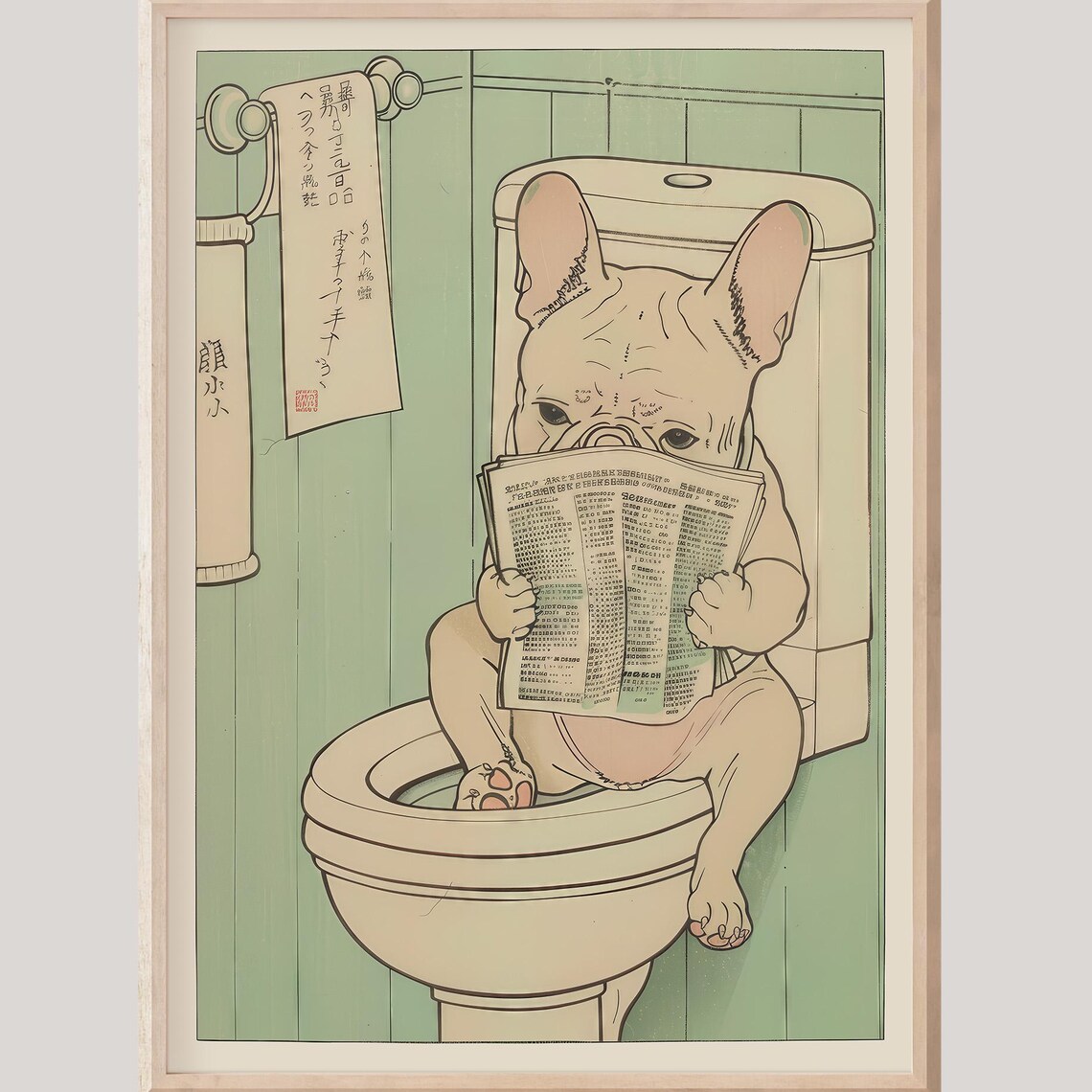 Funny French Bulldog Reading Newspaper on Toilet Japanese Art Poster