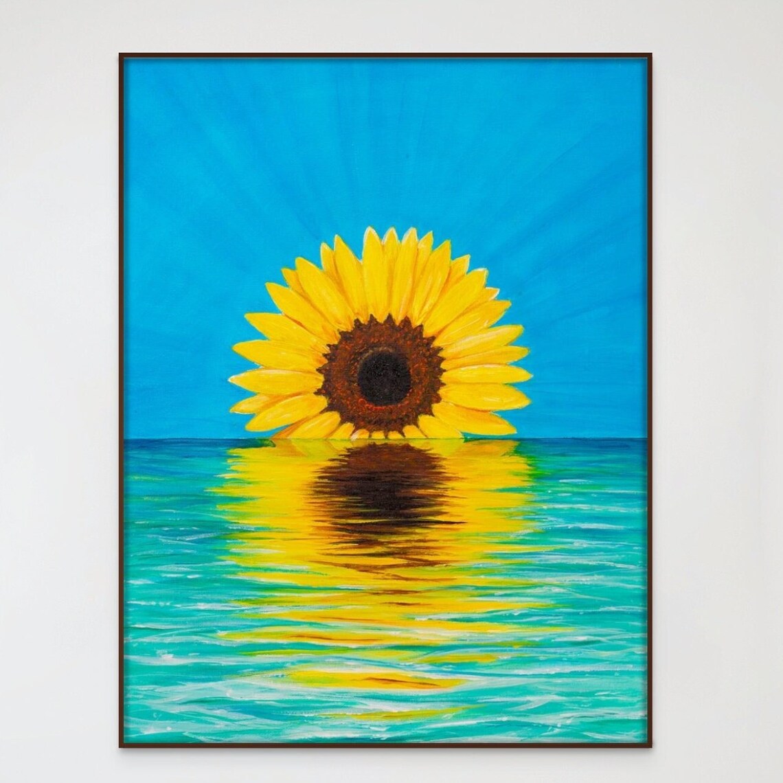 Sunflower Rising Over Water Painting Yellow Bloom Turquoise Sea Poster - Image 3