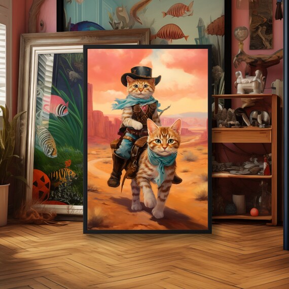 Cowboy Kitten Riding a Cat Through a Desert Sunset Art Poster
